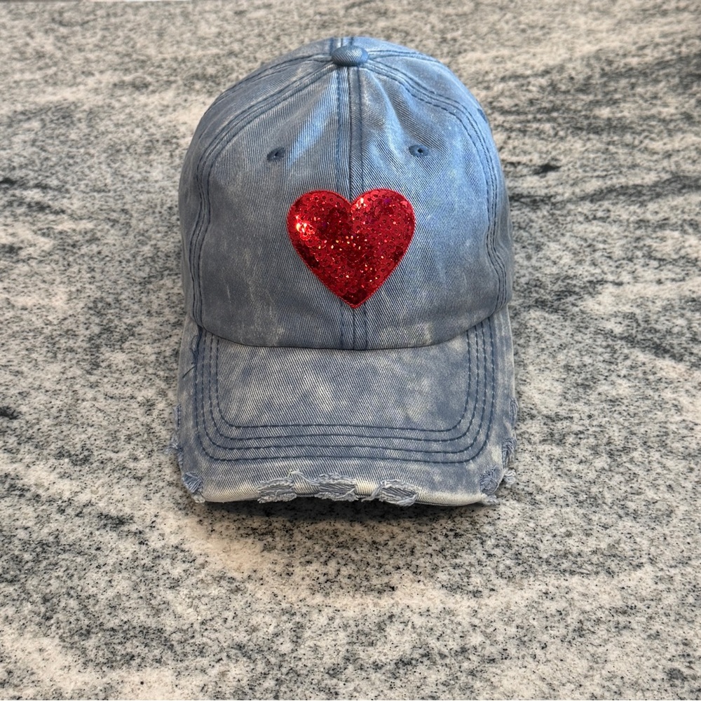 New Custom Designed Blue Distressed Baseball Cap with Red Sequin Heart